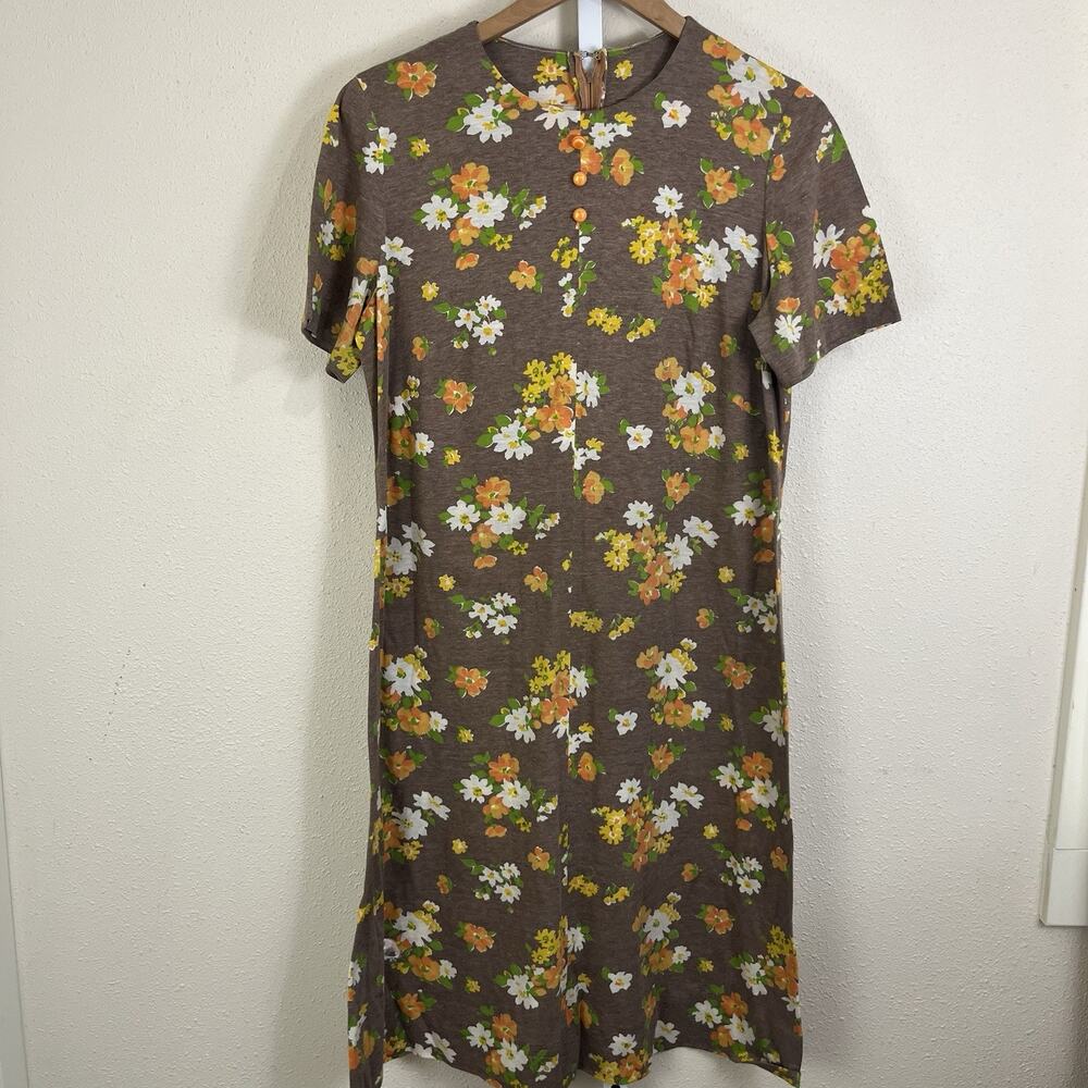 Vintage 70s Handmade Floral Mod Shift Dress Brown Orange Retro Medium Large